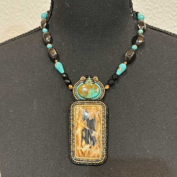 Picasso Marbel Turquoise Austrian Crystals facet Beads pendant necklace Signed - Picture 6 of 11